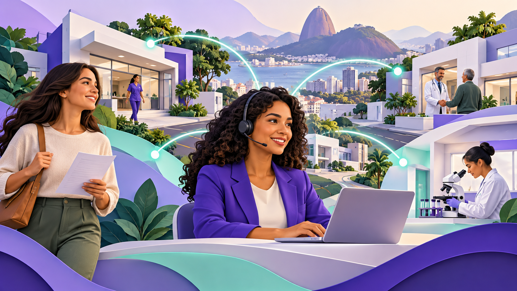 Ilustração de uma beneficiária, uma atendente e a rede de clínicas conectadas.